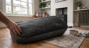 The non-slip rubber base of an absorbent dog bed on a hard floor.