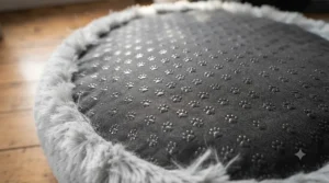 Underside of a donut calming dog bed featuring durable, anti-slip fabric to prevent sliding on wooden floors.