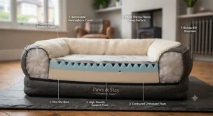 Diagram showing the multi-layer memory foam core of a supportive dog bed for older pets.