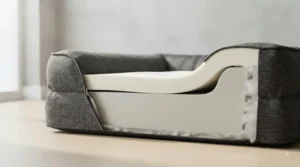 Cutaway view of a high-density memory foam dog bed showing pressure-relieving layers.