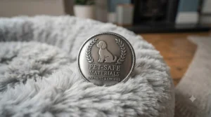 Quality assurance badge highlighting non-toxic, pet-safe materials used in UK-approved calming dog beds.