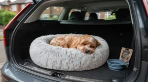 Lightweight and portable donut calming bed placed inside a car boot for travelling with anxious dogs.
