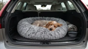 A lightweight, portable calming dog bed placed in the boot of a car ready for a family trip.