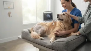 Calm home recovery setup featuring a specialized dog bed for cruciate ligament support after veterinary surgery.