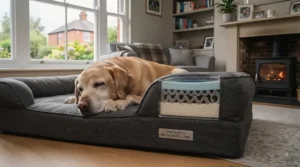 Raised orthopaedic dog bed providing draught-free joint support for older pets.