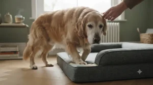 An elderly golden retriever effortlessly getting onto a low-profile medical-grade dog bed designed for arthritis support.