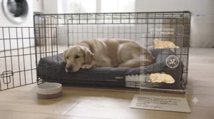 Sizing guide diagram showing how to measure a dog to choose the correct recovery bed for post-surgery stretching.