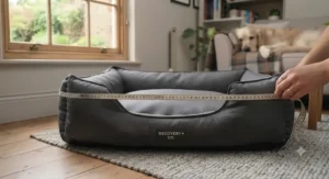 Sizing chart demonstration for a dog bed for post-surgery recovery placed in a British living room.