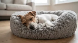 A small anxiety relief dog bed holding a cozy Jack Russell terrier curled up inside.