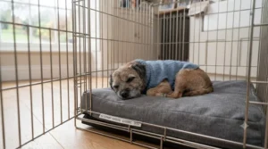 A small terrier breed relaxing on a washable incontinence crate pad inside a home setting.