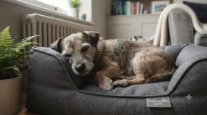 A small terrier curled up safely on a small waterproof dog bed designed for night-time incontinence.