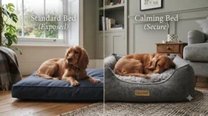 Infographic comparing standard dog beds with a specialised dog bed for separation anxiety