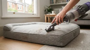 Using a vacuum cleaner on a smooth-surfaced dog bed to easily remove pet hair and dust.