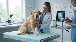Veterinary surgeon gently examining a dog's hip joints during a health checkup.