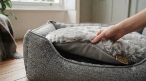 Machine-washable cover being removed from a therapeutic dog bed for anxious pets
