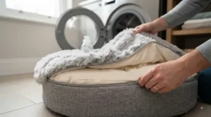 A machine-washable calming dog bed being unzipped for easy cleaning after muddy British walks.