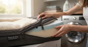 A removable, machine-washable cover from an absorbent elderly dog bed.