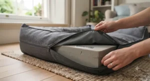 Machine washable cover being removed from a therapeutic recovery dog bed for easy hygiene maintenance.