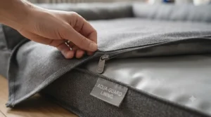 Removable, machine-washable zip cover being taken off a waterproof dog bed for easy cleaning after accidents.