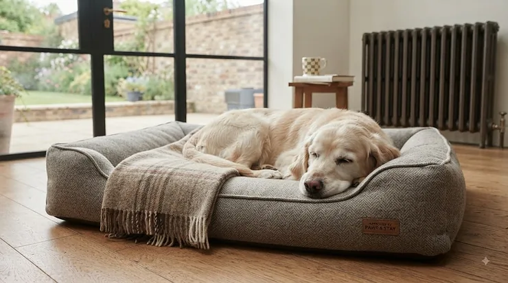 Waterproof and machine-washable dog bed cover being zipped off for easy cleaning. dog bed for elbow dysplasia