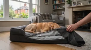Demonstrating a machine-washable waterproof cover being zipped off a dog mattress.