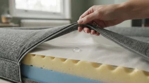 Removing the machine-washable cover of a medical-grade dog bed to reveal a protective waterproof inner lining.