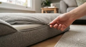 Zipping off a washable dog bed cover for a hot 60-degree wash to kill dust mites.