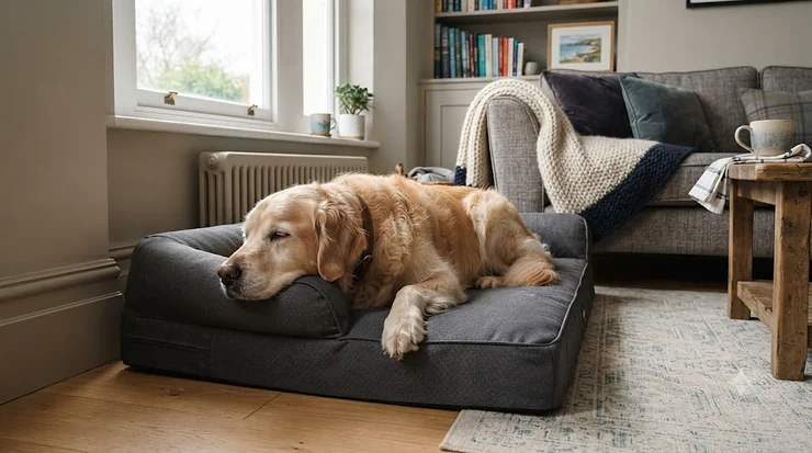 A supportive waterproof dog bed for incontinence with a wipe-clean washable cover, suitable for older dogs in a British living room. waterproof dog bed for incontinence