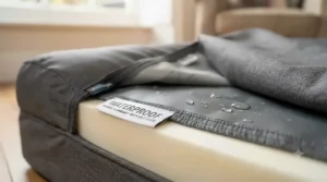 Close-up of a waterproof lining inside a washable incontinence dog bed, showing leak-proof material.