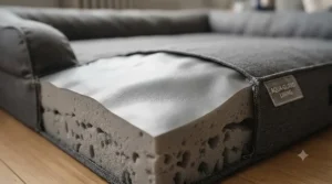 Close-up of a breathable, waterproof internal lining on a canine incontinence bed designed to prevent leaks and protect the filling.
