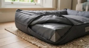 Waterproof lining inside a post-surgery recovery dog bed, protecting against spills and accidents.