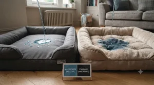 Side-by-side comparison showing a standard pet bed versus a protective waterproof dog bed for incontinence.