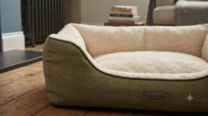Close-up of a classic tweed traditional dog bed showing durable stitching and plush cushioning