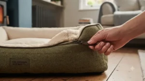 A stylish traditional dog bed positioned beside a radiator in a cosy British cottage interior