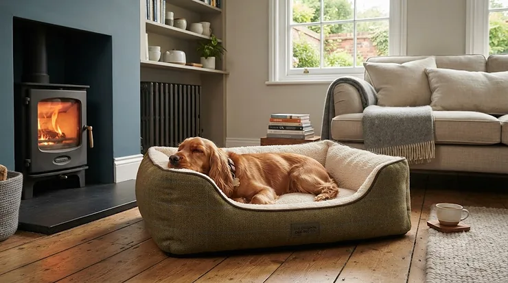 A cosy dog curled up on an affordable traditional dog bed in a British living room affordable traditional dog bed