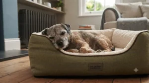 A happy spaniel resting its head on the high, supportive bolster edges of a classic dog bed