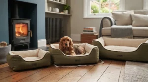 A small puppy sleeping soundly inside a plush, affordable traditional dog bed