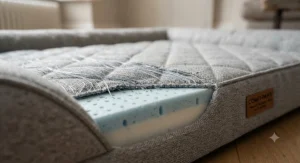 Close-up of breathable fabric on a temperature-regulating dog bed showing advanced airflow mesh.