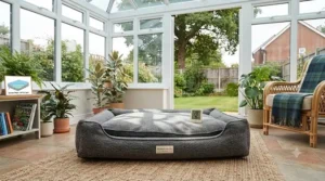 A breathable dog bed for a conservatory suitable for both warm summer days and chilly winter weather.