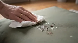 Mud being easily wiped away from a wipe-clean dog mattress using a damp sponge for quick, hassle-free maintenance.