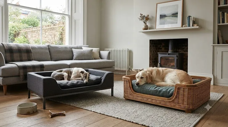 Side-by-side comparison of a sleek contemporary dog bed and a traditional wooden framed dog bed in a modern British living room. contemporary dog bed vs traditional dog bed