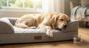 A content dog resting comfortably on a cooling dog bed during a warm summer day.