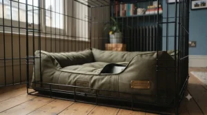 Chew-proof dog bed fitted securely inside a standard indoor wire dog crate.