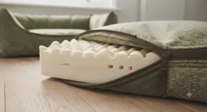 A size guide chart comparing small, medium, and large designer dog beds side by side.