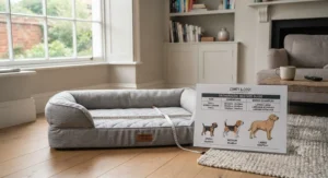 Size comparison chart showing a temperature-regulating dog bed suitable for medium and large dog breeds.
