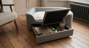 Close-up of a lift-up lid on an oak dog bed revealing hidden storage space for toys and blankets.