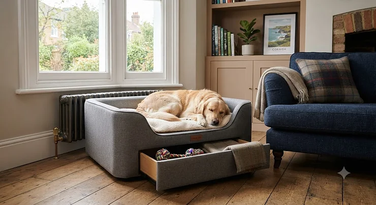 A stylish wooden dog bed with built-in storage drawers in a modern British living room. dog bed with storage