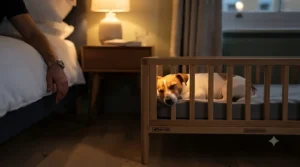 A small terrier relaxing comfortably in a co-sleeper bedside dog bed during the night.