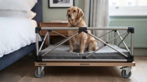 A sturdy metal-framed bedside dog bed built to support larger dog breeds safely.