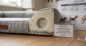 Sustainable temperature-regulating dog bed made with eco-friendly, recycled fillings.